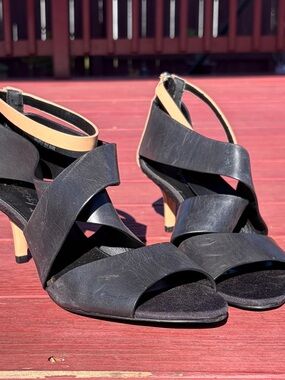 Women's Black Strappy Mid-Heel Sandals with Tan Ankle Accent